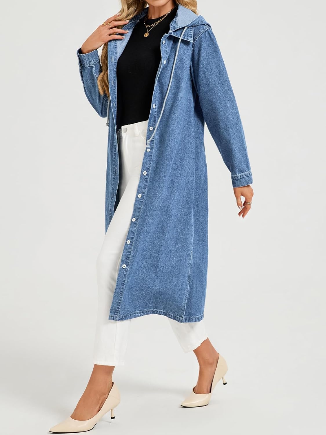 Women's Long Denim Jackets Maxi Trench Coat Jean Jacket with Drawstring Detachable Hoodie - Image 5