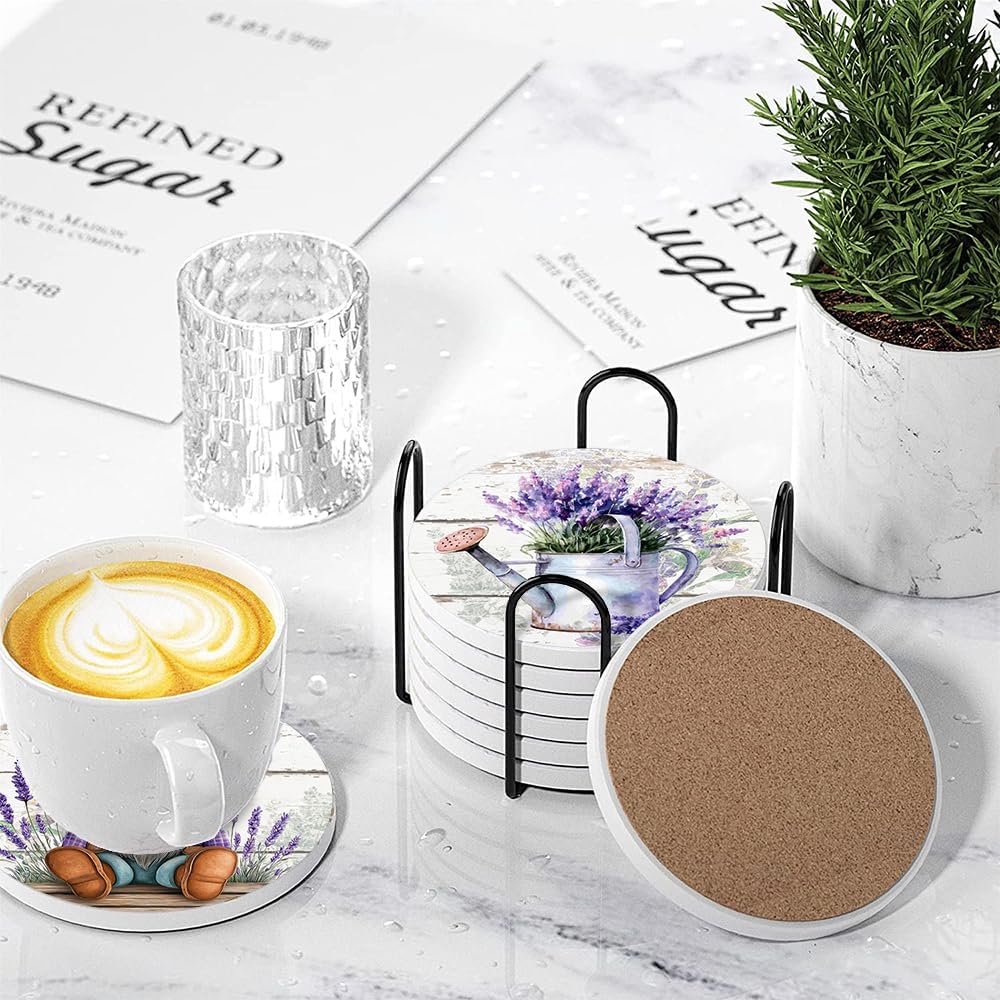 Purple Drink Absorbent Coasters with Holder Set of 6, Ceramic Stone with Cork Base, Spring Watercolor Lavender Flower Coaster for Drinks, Gift for Housewarming Room Bar Home Decor Kitchen image 4
