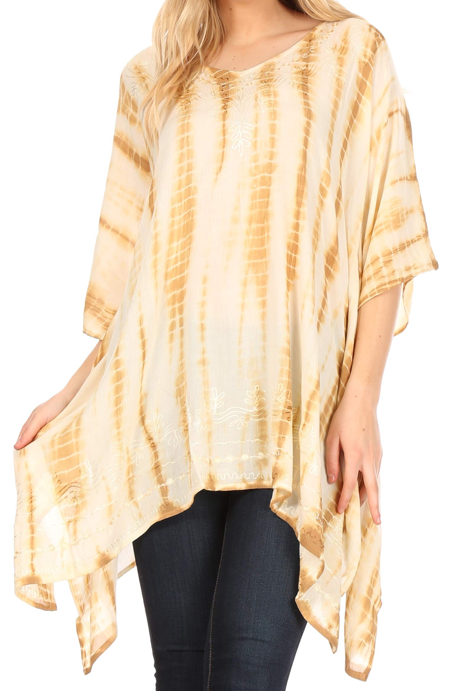 Sakkas Women's Td-Beige K2022s - Wren Lightweight Circle Poncho Top Blouse With Detailed Embroidery - Os