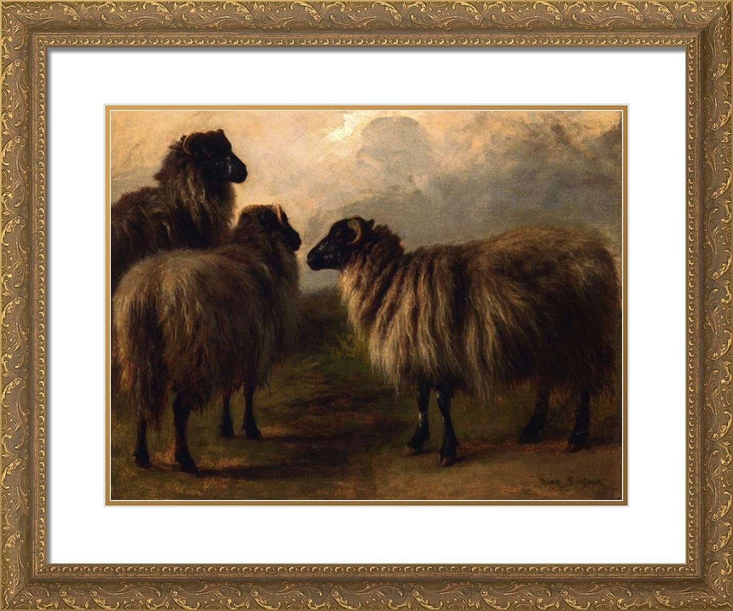 ArtDirect Bonheur Rosa 24x20 Gold Ornate Framed Art Print with Double Matting Titled: Three Wooly Sheep