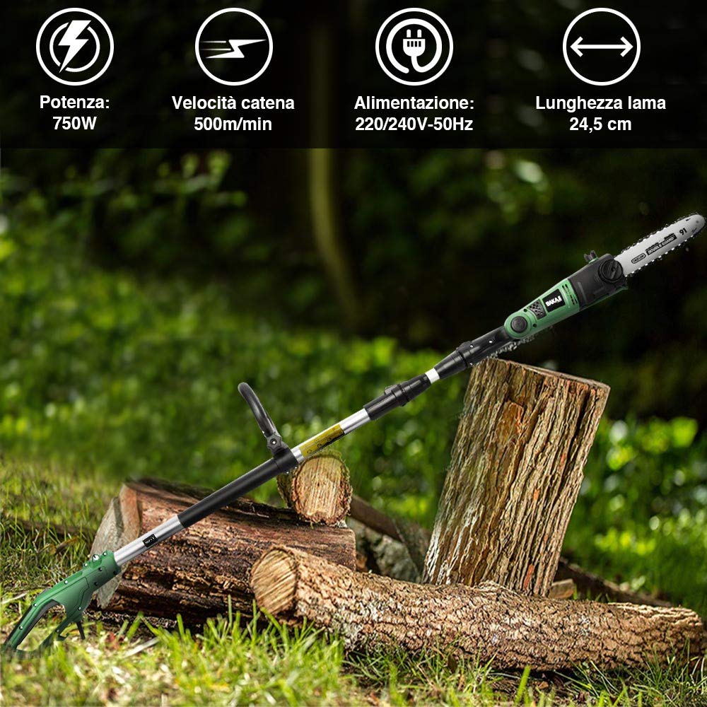 Bakaji Podadora telescópica eléctrica motosierra de 750 W, barra extensible de 2,70 m, hoja de 25,5 cm, con inclinación de sierra ajustable y freno mecánico, para cortar ramas,