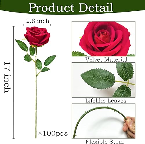 Miniatura 3 de 100 rosas artificiales rojas a granel, ramo de rosas artificiales de seda de terciopelo con tallos para decoración de bodas, flores falsas en