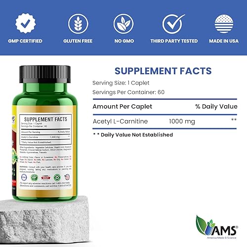 Miniatura 5 de America Medic & Science Acetil L-carnitina 1000 mg (60 tabletas)  Suplemento dietético para hombres y mujeres  Promueve la producción de energía
