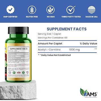 America Medic & Science Acetyl L-Carnitine 1000mg (60 Tablets) | Dietary Supplement for Men and Women | Promotes Energy Production | Supports Brain Health | Helps Improve Memory and Focus
