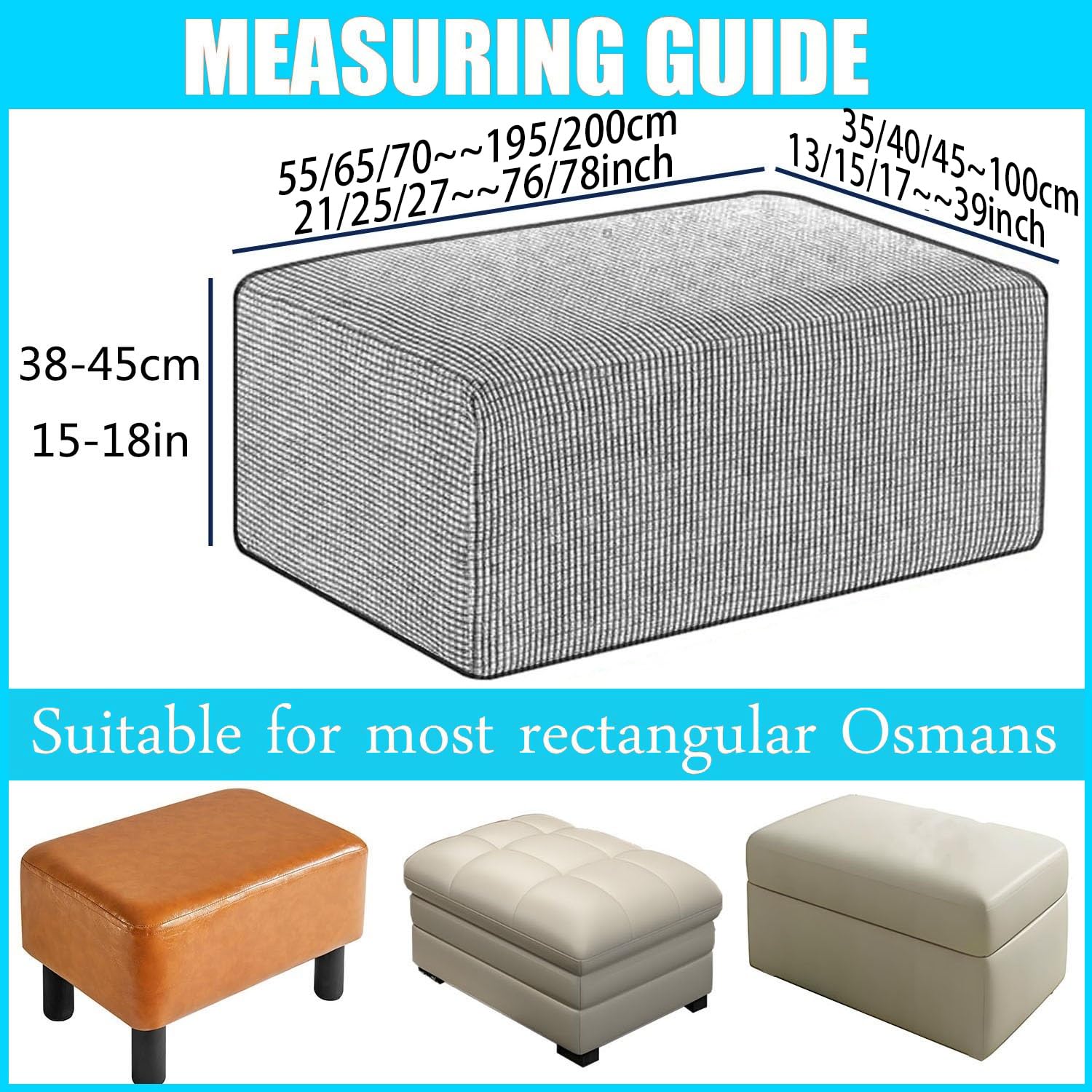 S-XXXL Copertura for Ottomana, Copri Pouf Rettangolare 90×70, 100×60, 120×60, 80×60 cm, Fodera for Poggiapiedi Allungabile con Base Elastica, Adatto for Case Moderne(Navy,60x120cm)