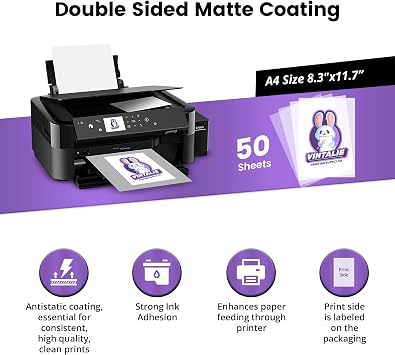 DTF Transfer Film A4: 50 Sheets Premium Matte Double Sided DTF film PET Transfer Paper Direct to T Shirts (8.3x11)