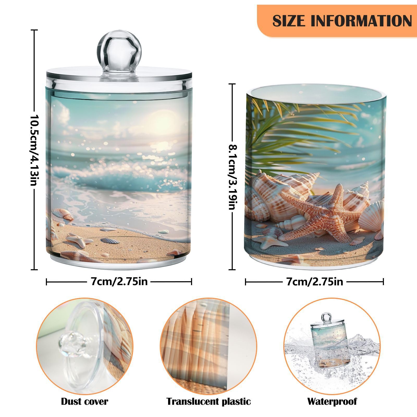 Nesatuwa 2 Pack Qtip Holder Dispenser Beach Seashell Pattern 10 Oz Bathroom Organizer with Lids Storage Canister for Cotton Ball,Cotton Swab,Cotton Round Pads,Floss