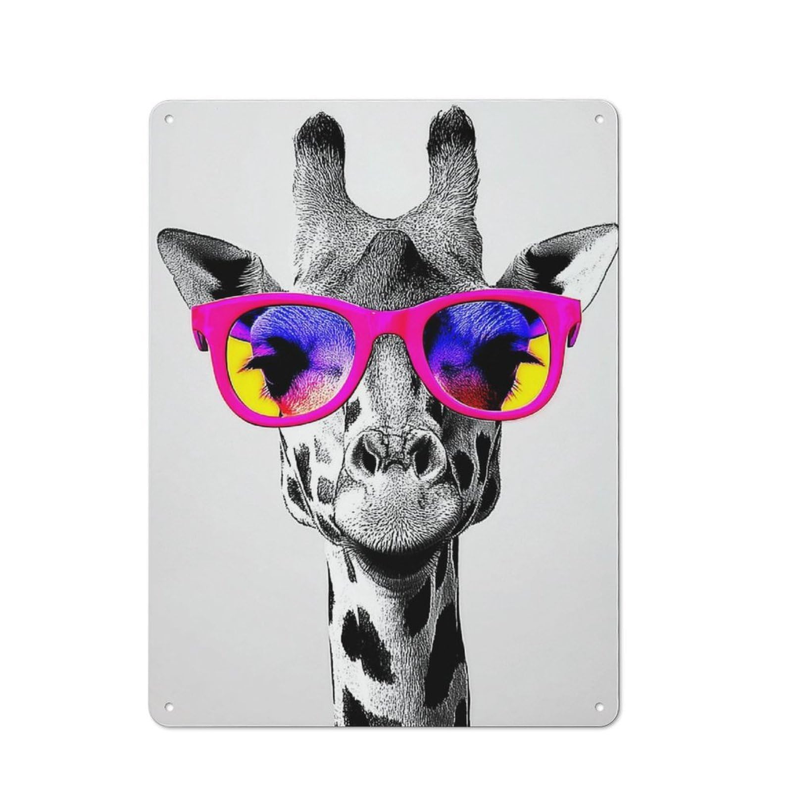 Junmoney Giraffe With Pink Sunglasses Art Print Rustic Metal Wall Decor 40X30cm, Rustic Metal Sign For Farmhouse Kitchen, Pantry Or Dining Area