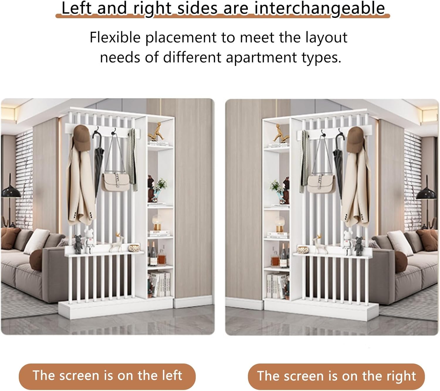 Solid wood Wall Room Divider Privacy Screen Modern Indoor Multiple Partition Separato With coat rack hooks Bookcase Dividers Open shelving unit Thickened steel pipes(Walnut+Black,100cm/39.4in)