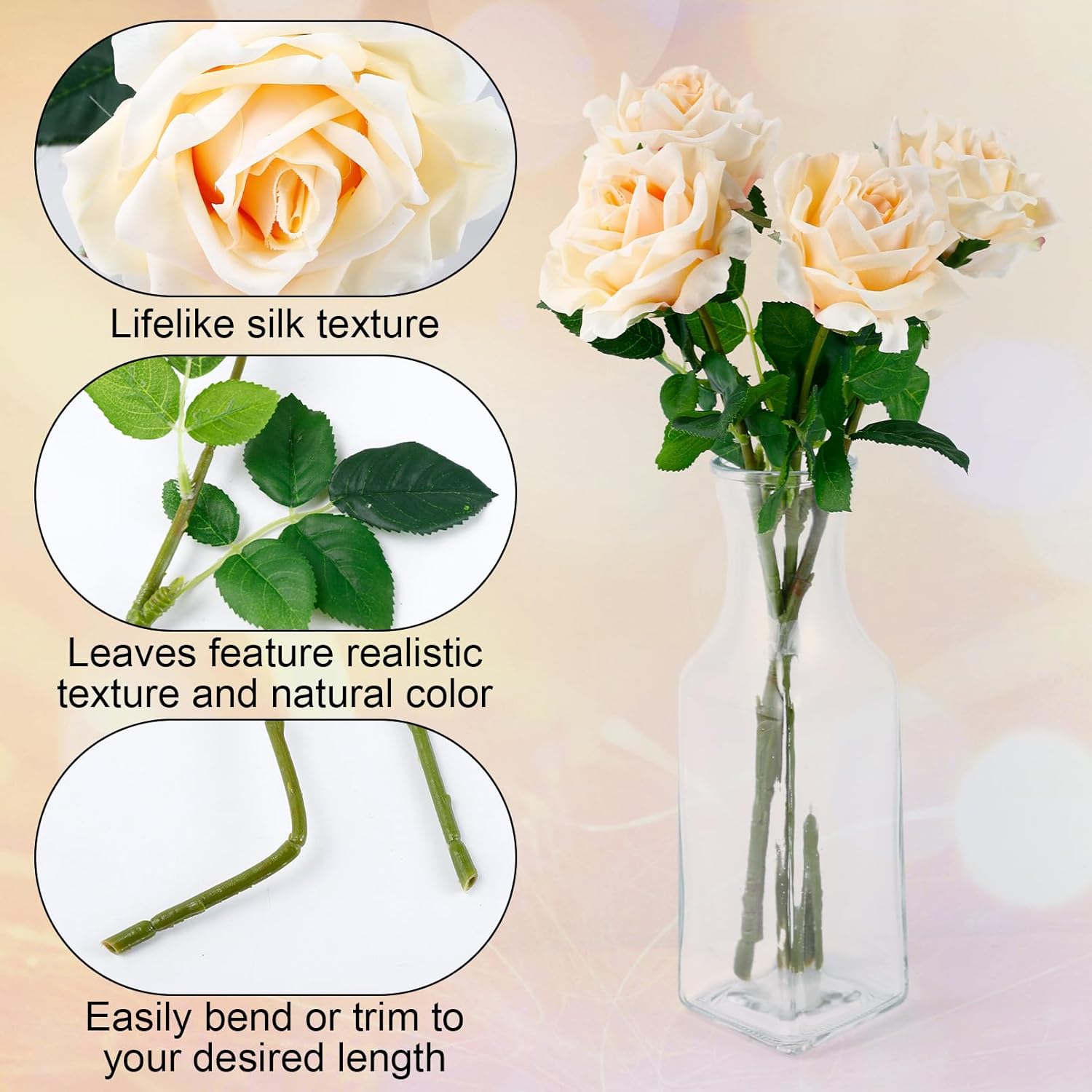 4 Pcs Rose Artificial Flowers, 17.3 Inch Fake Champagne Roses with Stems, Champagne Roses Flowers, Real Touch Artificial Flower, Rose Silk Flower for Wedding Party Home Decor - Image 4