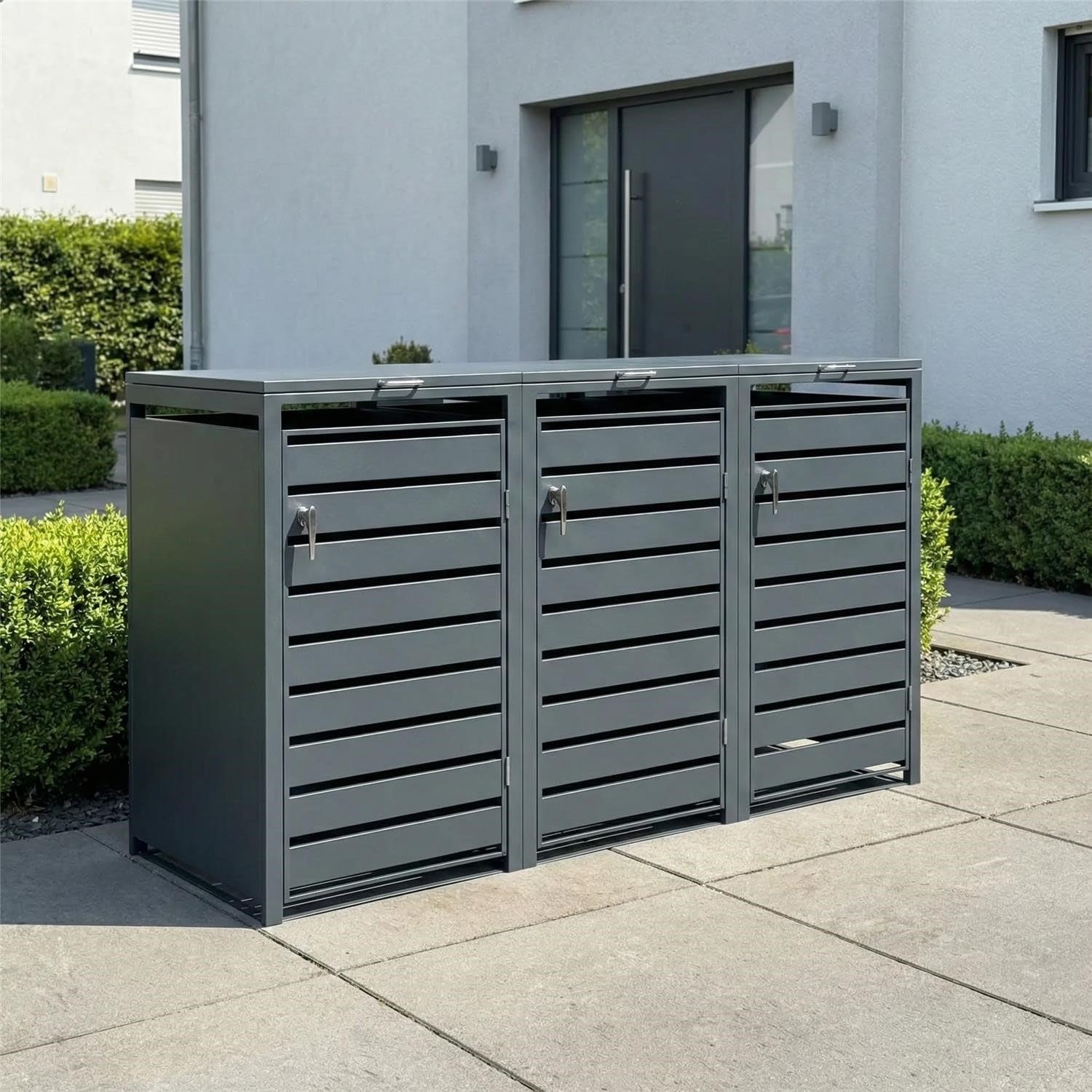 Metzler Mülltonnenbox in Anthrazit mit Sichtstreifen 3er 240L, Mülltonnenverkleidung 3 Tonnen, witterungsbeständiger und pulverbeschichteter Stahl mit Automatikdeckel, abschließbar, Garten- & Müllbox