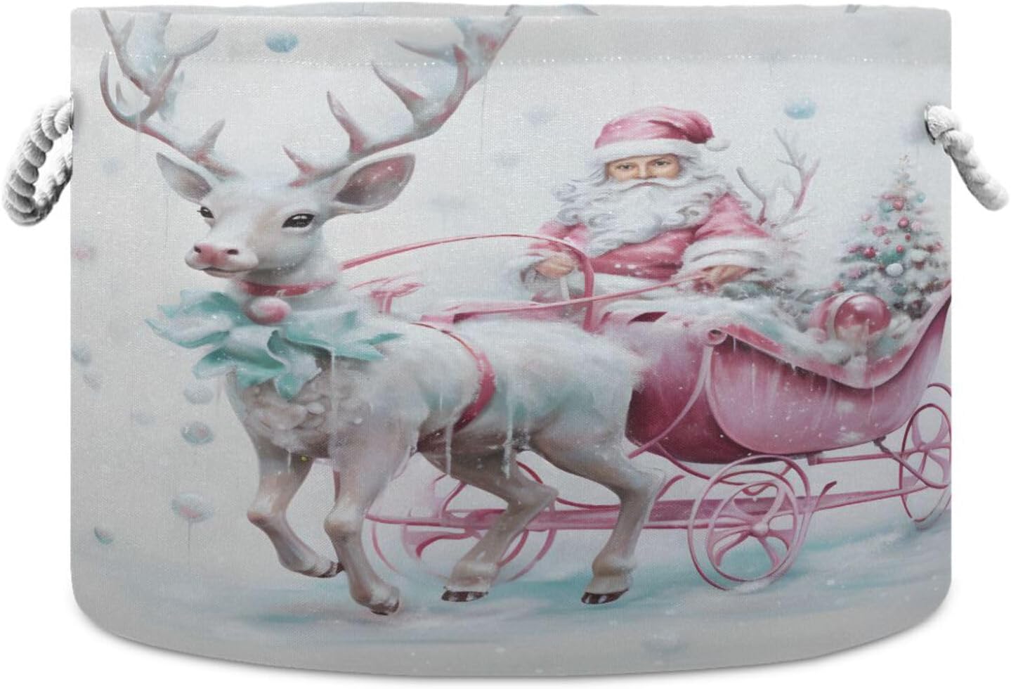 senya Christmas Basket Storage, Christmas Santa Claus Pink Reindeer Storage Bin Box Laundry Hamper Organizer Bag with Handles for Clothes