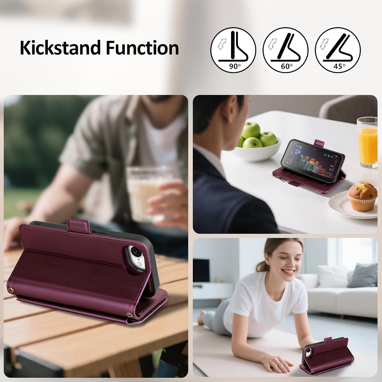 Antsturdy Compatible with Magsafe Magnetic 2 in 1 Detachable iPhone 16e Wallet Case with Credit Card Holder Slots,PU Leather Flip RFID Blocking Phone Cover Wrist Strap Zipper Women Men,Wine Red - Image 5