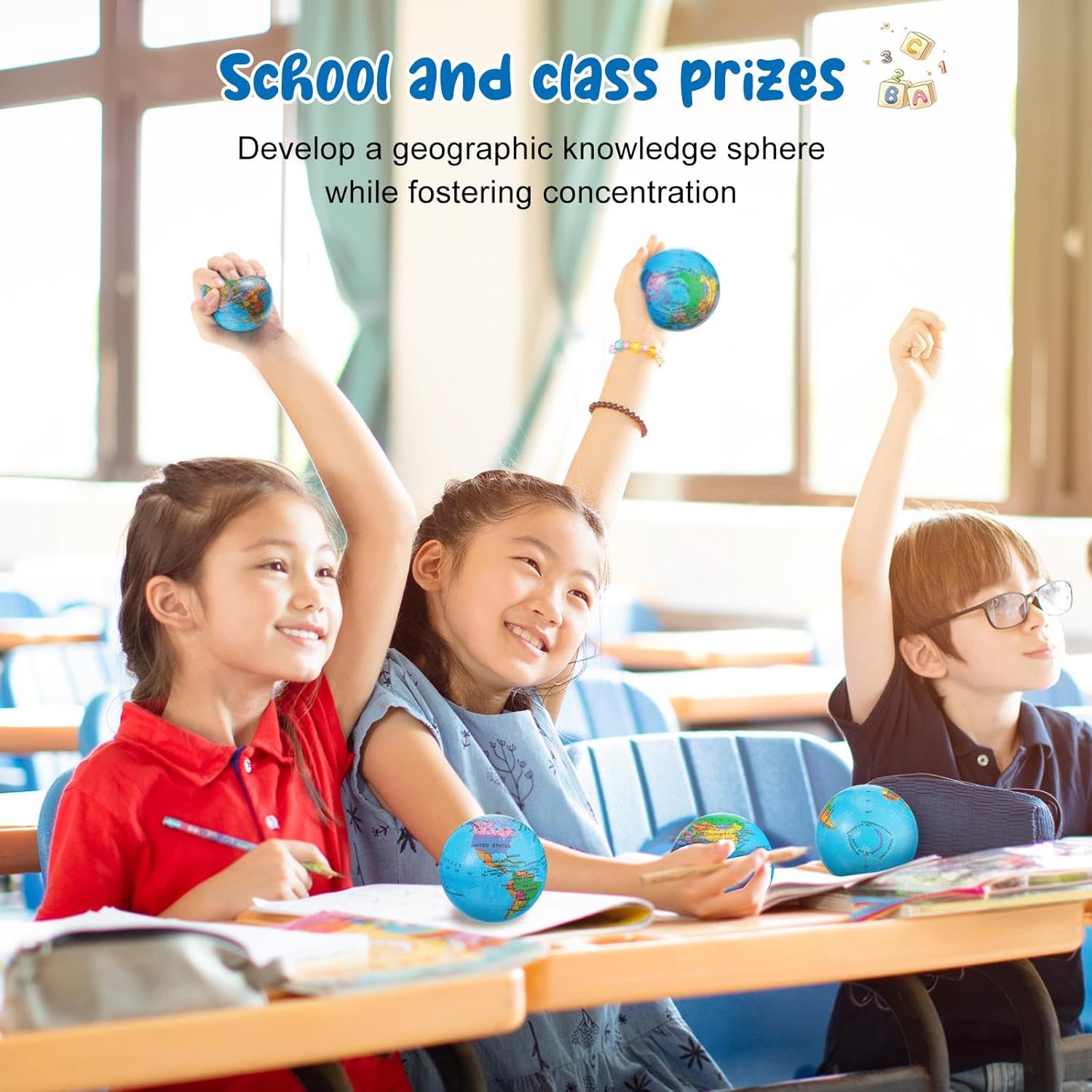 BBTO 50 Pcs Globe Stress Balls 3 Inch World Stress Balls Mini Globe Planet Soft Foam Stress Ball Toy Bulk Educational for School, Classroom, Party Favors