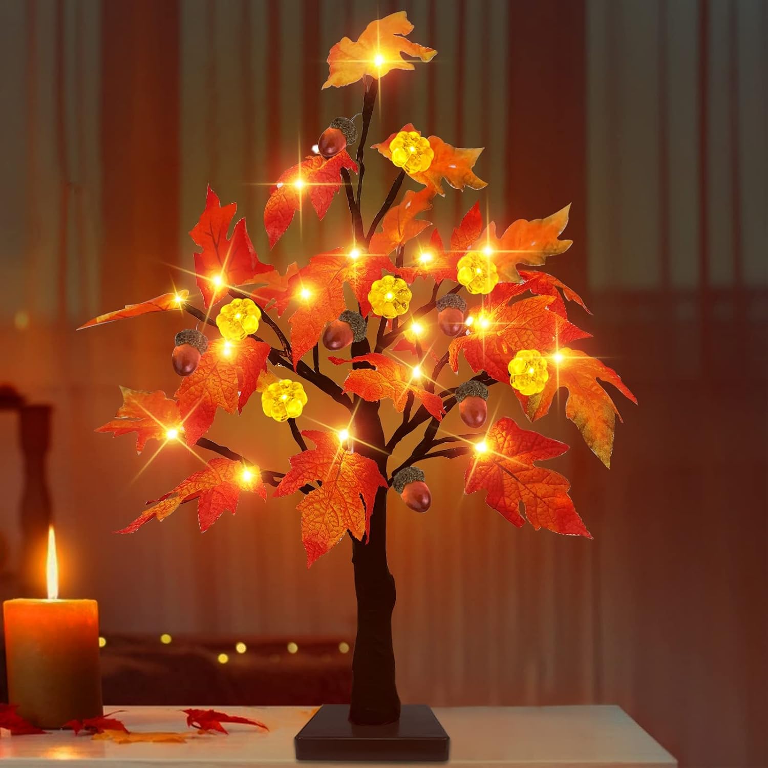 [ Timer ] 20 Inch Lighted Thanksgiving Maple Tree Decoration, Fall Decorations Tree with 24 LED Orange Lights Battery Operated Pumpkin Acorn Tabletop Autumn Harvest Home Halloween Party Indoor Outdoor