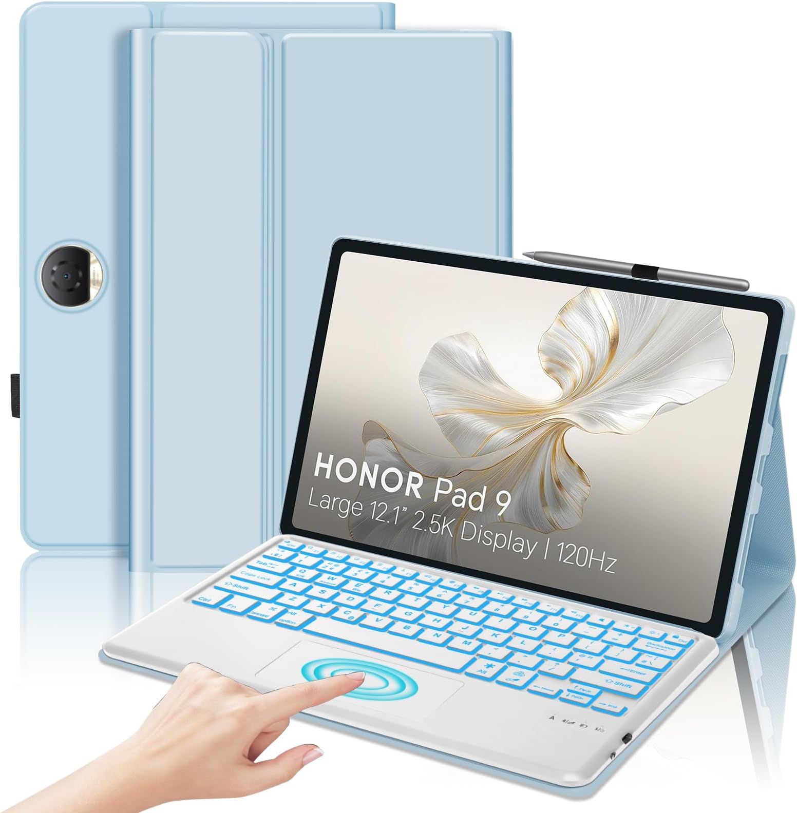 JADEMALL Keyboard Case with Touchpad for Honor Pad 9 12.1", Wireless Detachable Bluetooth Trackpad Keyboard with 7 colors Backlit and Stand Cover for HONOR Pad 9 12.1-inch 2023 Tablet, Sky Blue