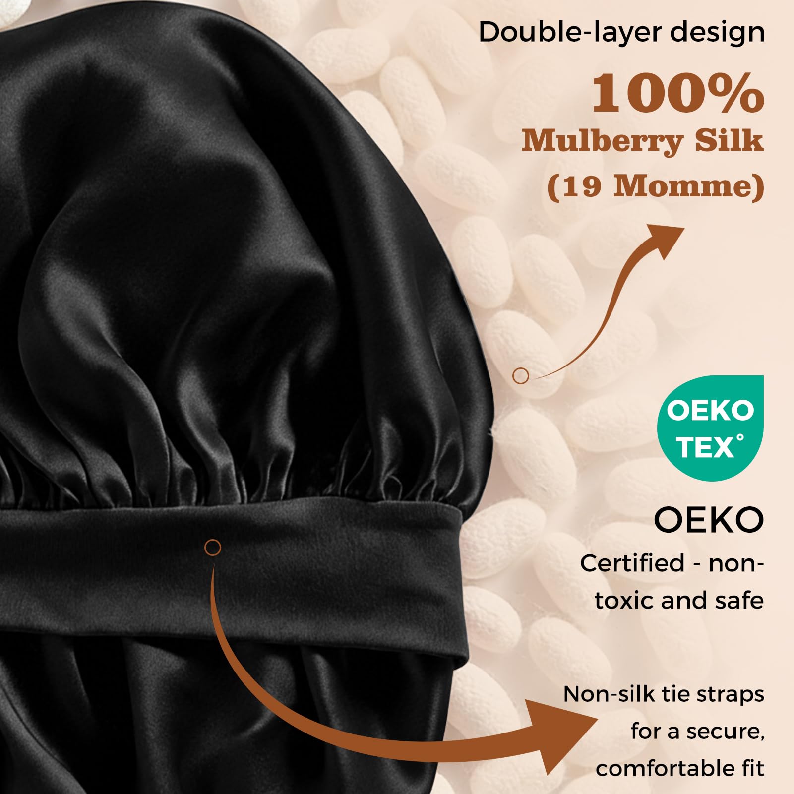 Satin Seidenhaube zum Schlafen in Seidenoptik, Verstellbare Haarhaube für die Nacht für Lockiges und Lange Haare, Bonnet Sleep Cap, Bonnet Seide Schwarz und Rosa