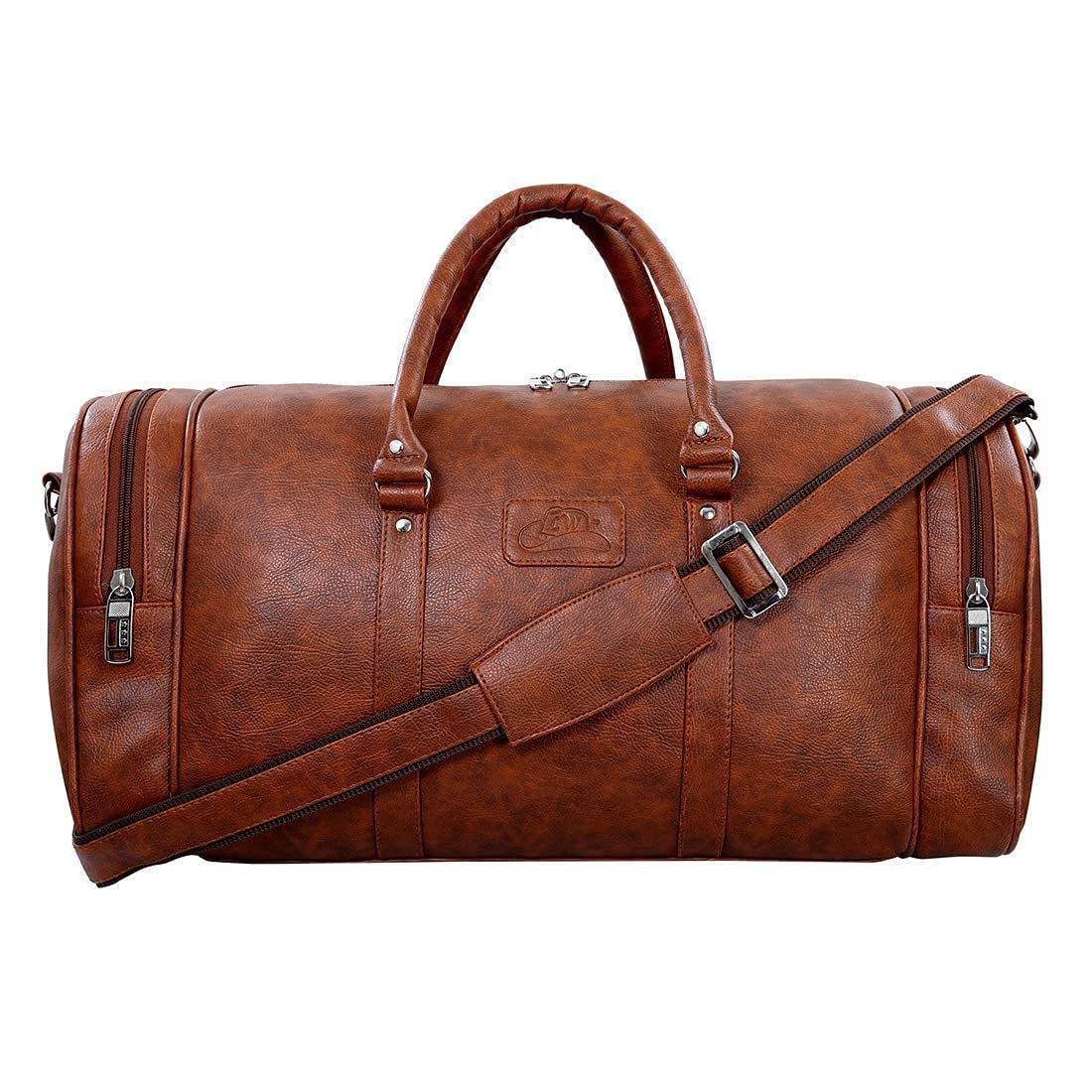 leather world 55 L Vegan Leather Weekender Travel Duffle Luggage Bag with Detachable Shoulder Strap for Men & Women - Tan-picture-21