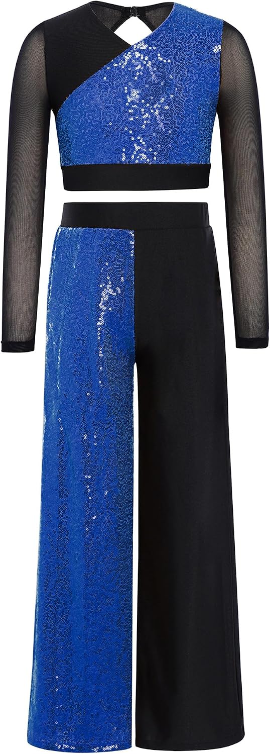 Girls Jazz Hip Hop Dance Costume Sequins Long Sleeve Colorblock Dance Top with Pants Recital Wear