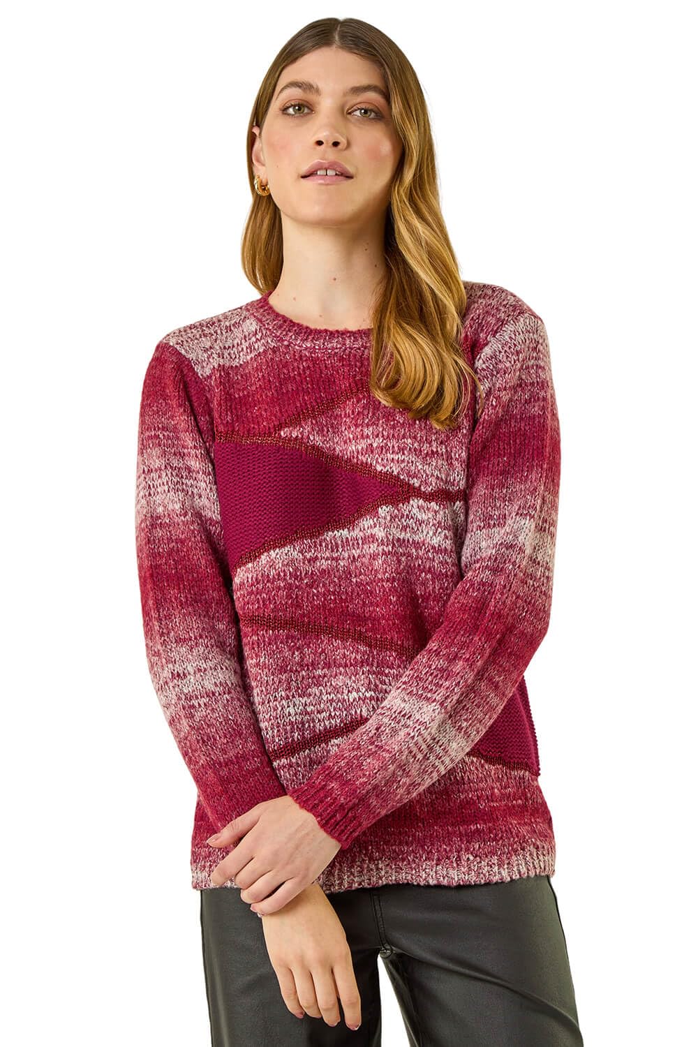 Roman Originals Women's Red Colour Block Knit Jumper For Uk - Everyday Autumn Winter Crew Neckline Comfy Soft Evening Vacation Work Party Night Out - Size 16