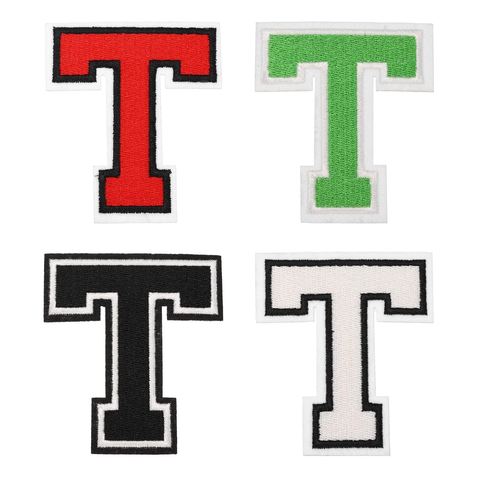 sourcing map 4 Pcs 3 Inch Iron-on Letters Patches, Letter T Embroidered Alphabet Appliques for Clothes Jacket Dress Hat Backpacks DIY Accessories, Green/Red/White/Black