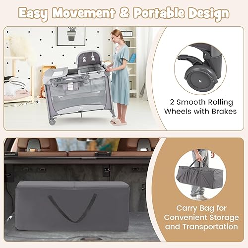 Miniatura 7 de BABY JOY 4 en 1 Pack and Play, corralito portátil para bebé con moisés y mesa cambiadora de pañales, moisés infantil centro de actividades para cuna