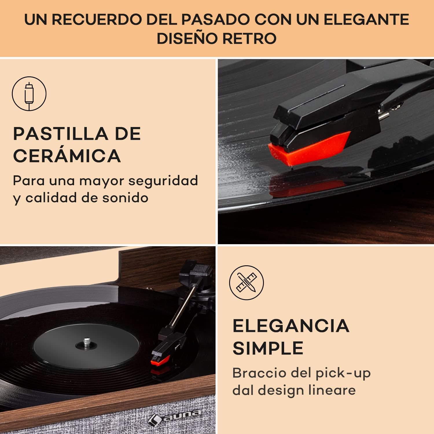 Close-up of the turntable's ceramic cartridge and belt drive mechanism, emphasizing smooth and secure playback.