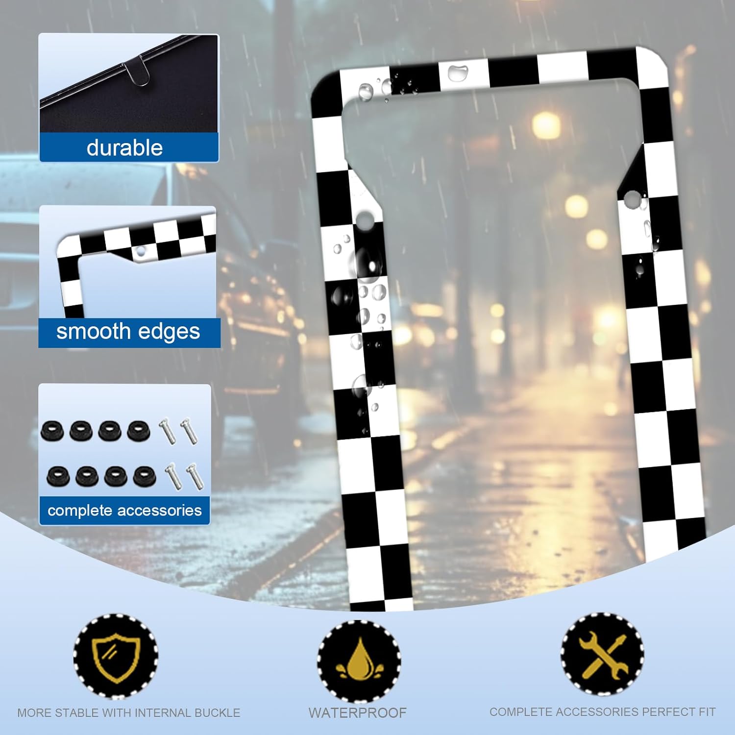 Black and White Checkered License Plate Frame Race Flag Aluminum License Plate Holder Car Tags Decorative Car Accessories with Screws for Women Men Fit Standard Us Canada Vehicles 12.3x6.3 inch - Image 4