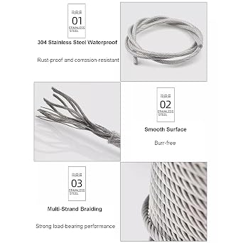 6mm Steel Wire Rope 304 Stainless Steel Wire Cable 7x19 Strand Core for String Lights Hanging Clotheslines Trellis (26FT)