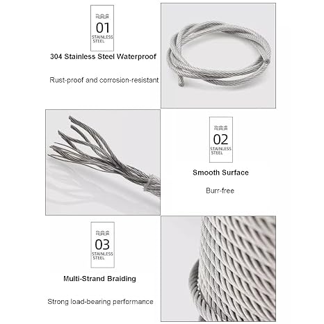 6mm Steel Wire Rope 304 Stainless Steel Wire Cable 7x19 Strand Core for String Lights Hanging Clotheslines Trellis (26FT)