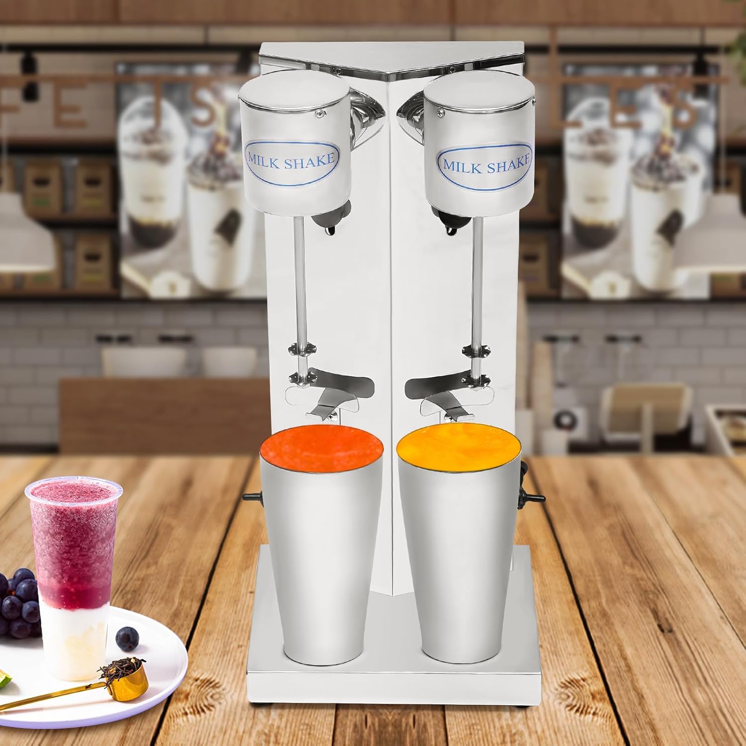Electric Milkshake Maker Machine, Stainless Steel Milk Mixer Blender, Double Head Malt Blender, Drink Mixer, 110V 360W Commercial Smoothie Mixer (2 Head)
