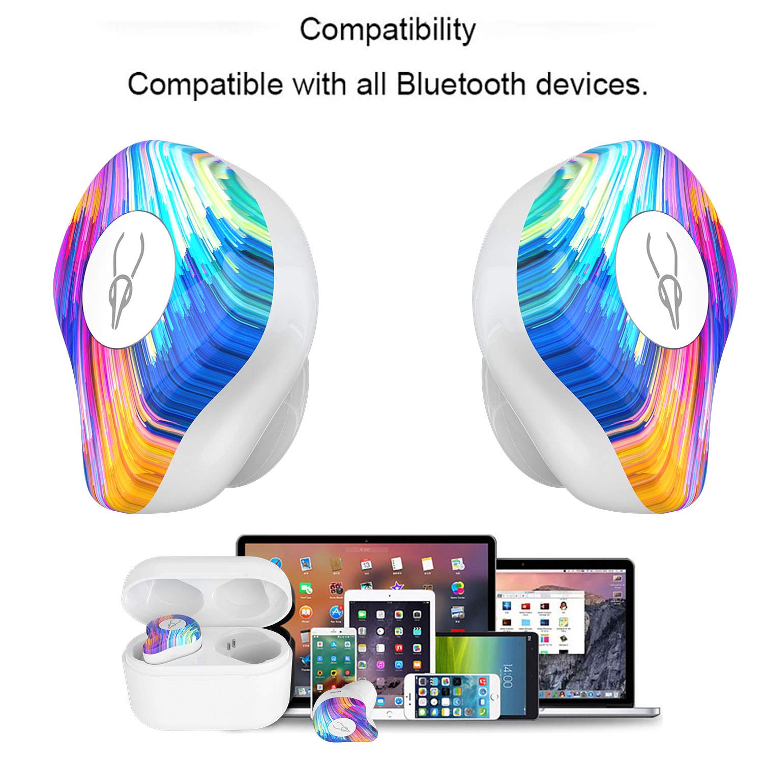 True bezprzewodowe słuchawki douszne, bezprzewodowe słuchawki Bluetooth 5.0, głęboki bas, stereo z redukcją szumów, odporne na pot słuchawki Bluetooth TWS, bezprzewodowe słuchawki z przenośnym pudełkiem do ładowania, tęczowe