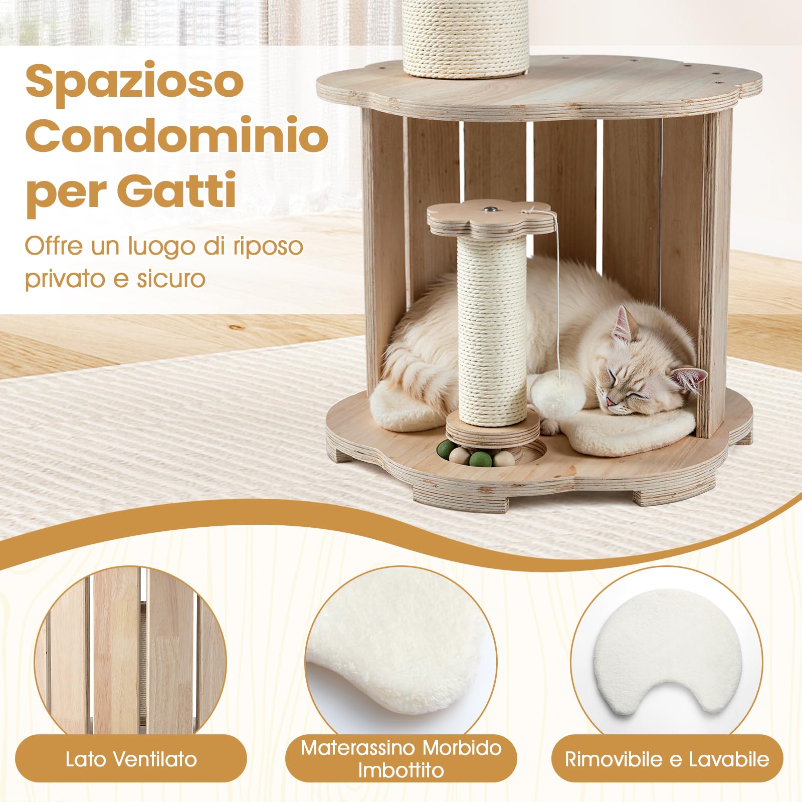 COSTWAY Albero per Gatti Alto 74 cm, Tiragraffi per Gatti in Legno con Condo, Capsula Spaziale, Tiragraffi, Gioco Interattivo con Pista per Palline in Legno, Pallina Appesa e Tappetino Lavabile