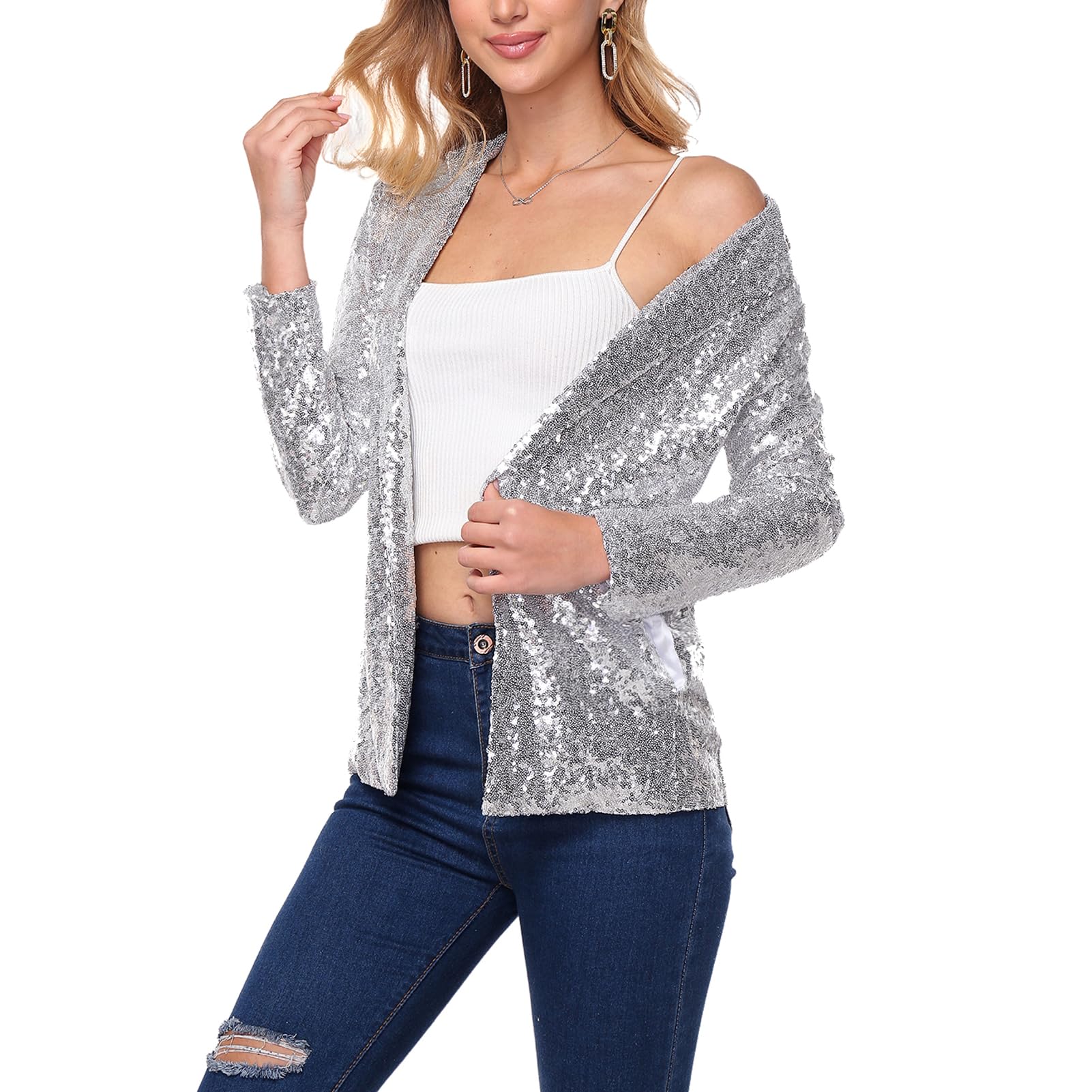 Blazer à paillettes pour femme - Manches longues - Ouvert - Pour fête - Cardigan - Vêtement d'extérieur - Décontracté