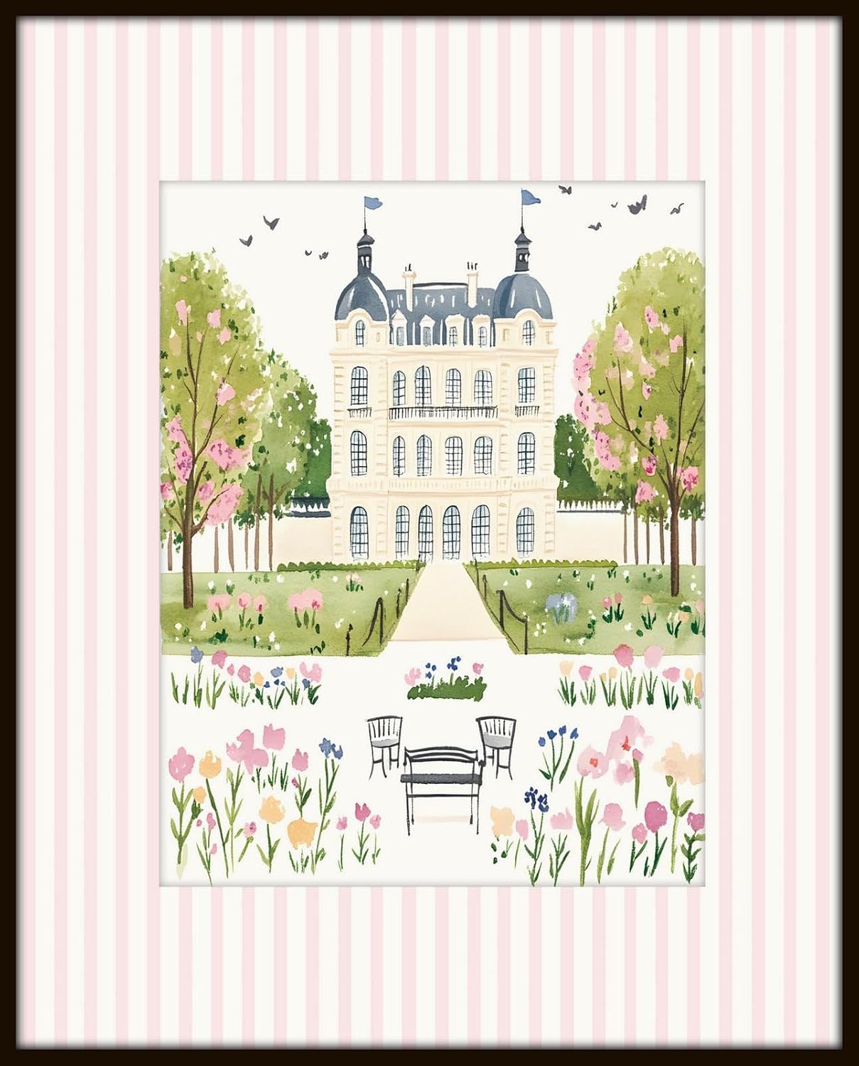Belle Maison Art Paris Pink Striped Print Set No. 1, Nursery Prints Wall Decor for the Baby Nursery, 5X7 SET OF 4, Smooth Matte Paper Prints, Unframed