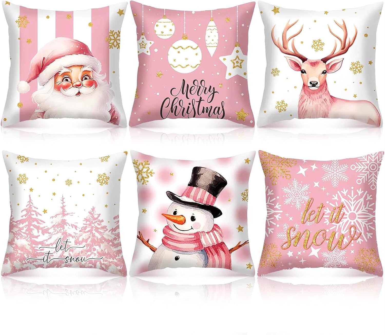 SmoothNovelty Pink Christmas Decorations Pillow Covers 18x18 Set of 6 Pink Santa Snowman Snowflake Merry Christmas Tree Winter Snow Reindeer Holiday Pillow Decorative Throw Cushion Case for Sofa