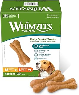 WHIMZEES Reisknochen, Kauknochen für große Hunde, Hundesnack zur Zahnpflege, Größe M/L, 20 Stück, 360 g, ohne Zuckerzusatz, glutenfrei, natürlich, fettarm product image