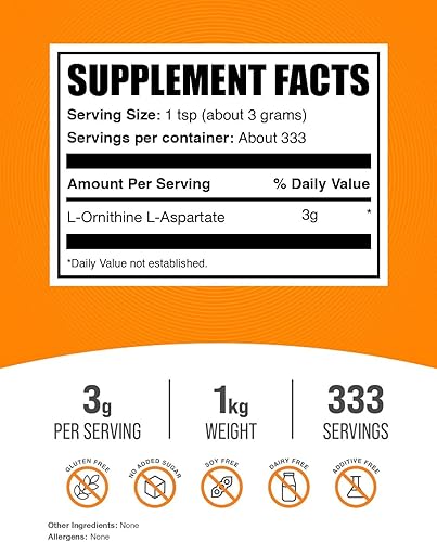Miniatura 9 de BulkSupplements. com L-ornitina L-aspartato en polvo - Suplemento de ornitina, suplemento de aminoácidos - Sin gluten, 0.11 oz por porción, 2.2 lbs