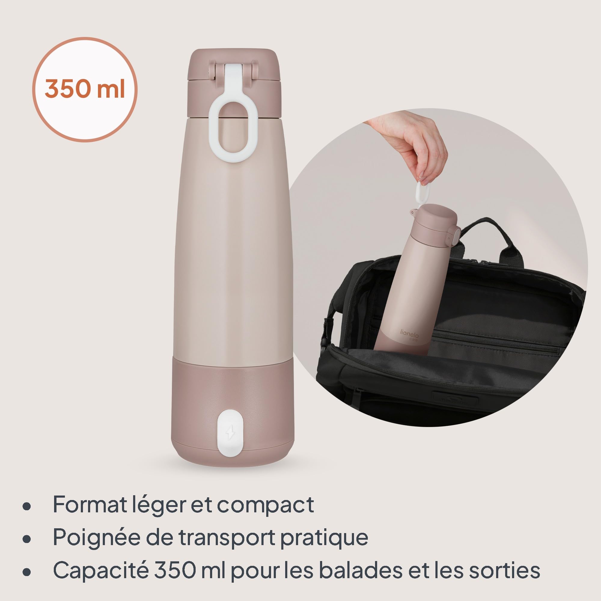 Lionelo Thermup Bottle Chauffe-Biberon Sans Fil 350 ml, Thermos Portable | 150 ml chauffés de 20 à 37°C en 3,5 min, 5 températures 37–55 °C, maintien au chaud jusqu’à 20 h, fermeture étanche, léger