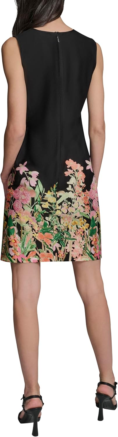Karl Lagerfeld Women's Sleeveless Crew Neck Boarder Print Shift Cotton Dress