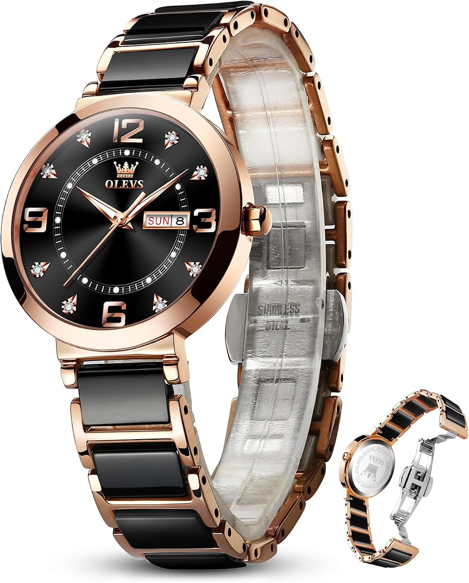 OLEVS Womens Ceramic Watches, Luxury Shinning Diamond Rose Gold Watch for Women, Analog Quartz Ladies Dress Watches, Waterproof Wrist Watches for Woman Reloj para Mujer for Anniversary Mother's Day