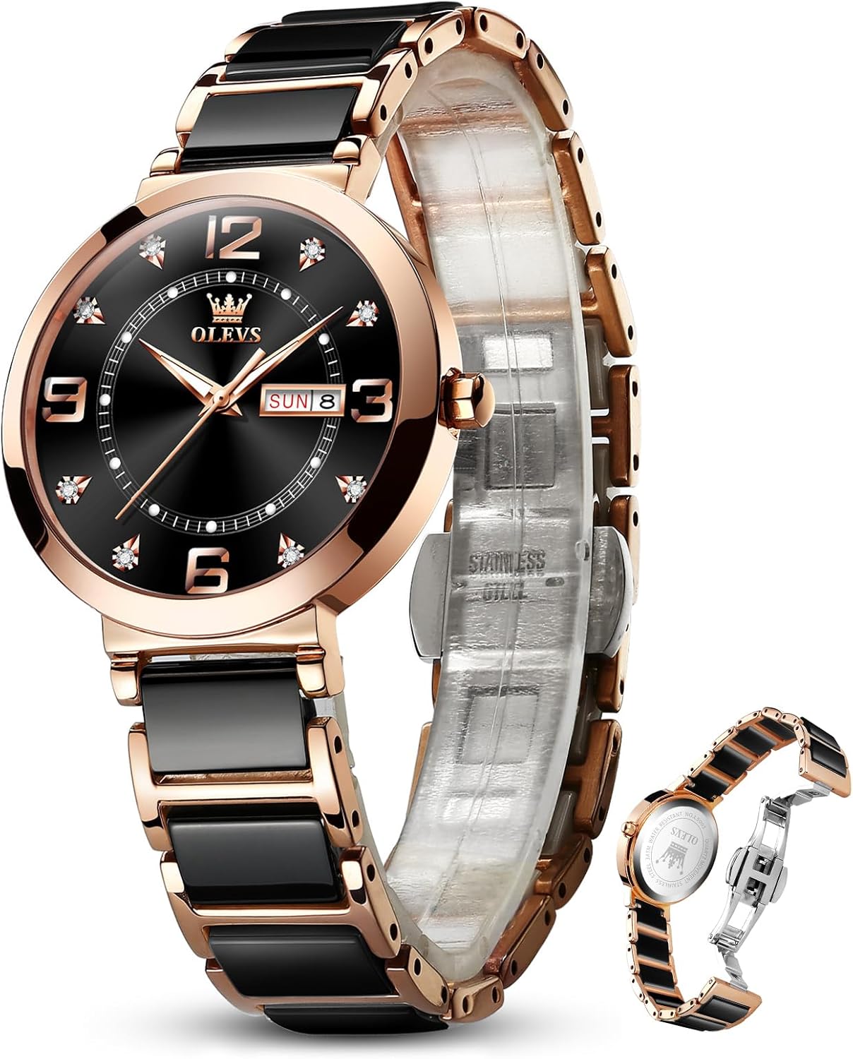 OLEVS Womens Ceramic Watch Luxury Shinning Diamond Rose Gold Watch for Women Analog Quartz Ladies Dress Watches Casual Waterproof Wrist Watches for Woman with Day Date Reloj para Mujer