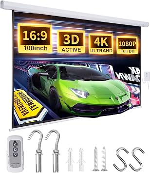 Electric Projector Screen 100 Inch with Remote Control Ceiling Mount Hooks, Pull Down Retractable Projector Screen Motorized Movie Screen White 169, Automatic Projector Screen Roll Down Indoor