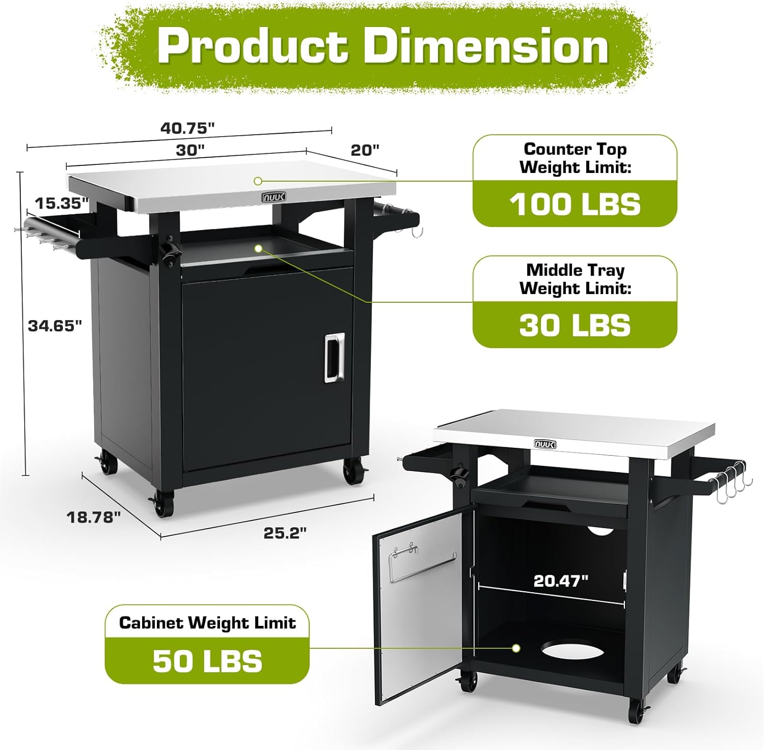 NUUK Grill Table with Storage Cabinet, Outdoor Bar Cart Pizza Oven Table with Wheels, Stainless Steel Top Kitchen Island 20" x 30" Rolling Prep Station for Indoor, BBQ, Deck, Backyard