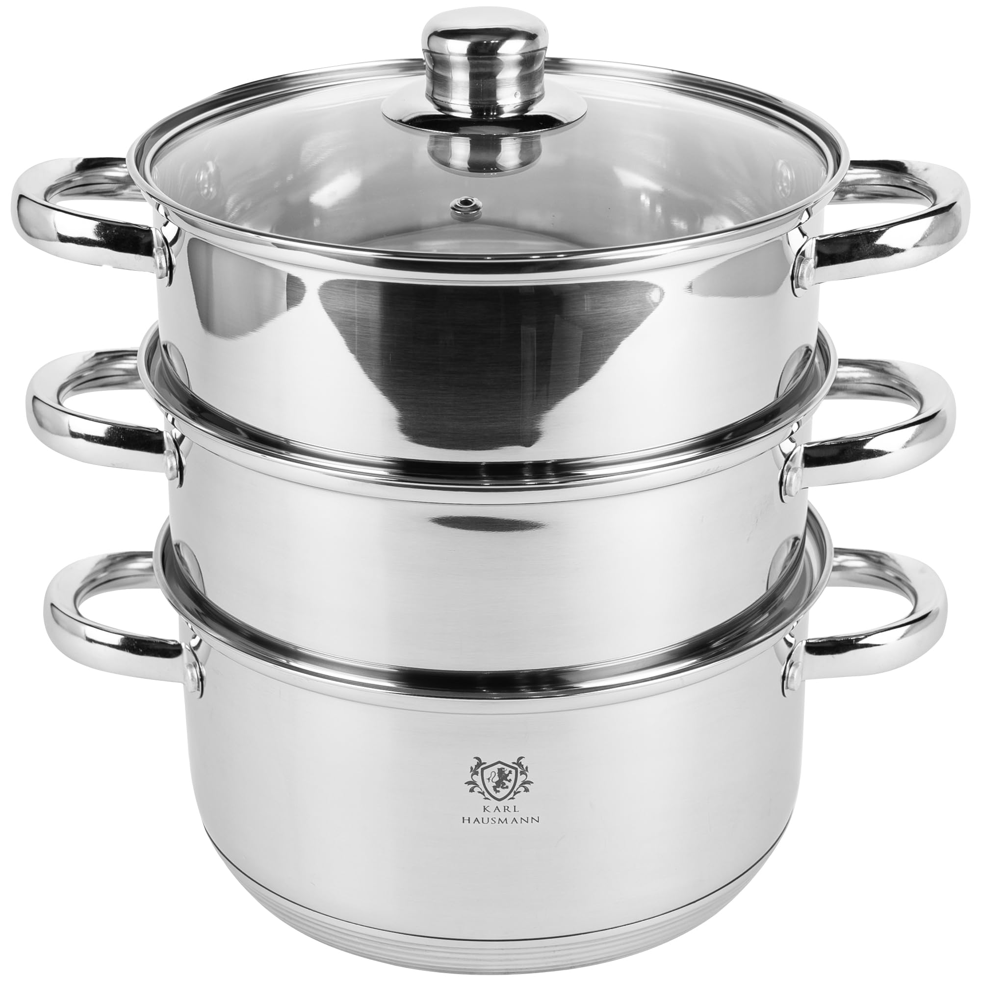 KARL HAUSMANN Dampfgarer Topf 3,3L 20 cm - Dampftopf Aus Edelstahl Für Induktion, Dampfkochtopf Mit 3 Garebenen Und Glasdeckel, Gemüsedämpfer Für Gemüse, Fisch, Dumplings Und Kartoffeln