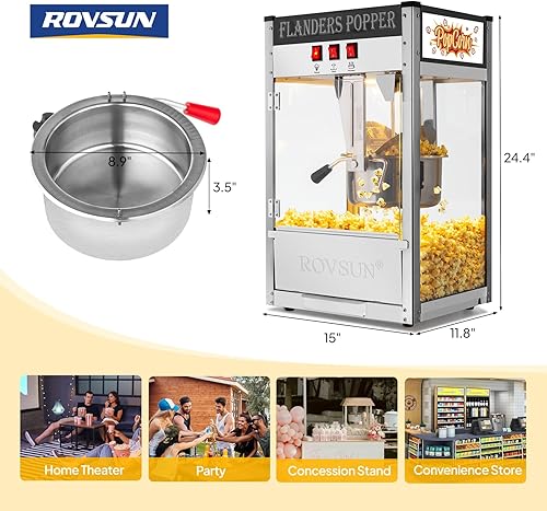 Miniatura 7 de ROVSUN Máquina de palomitas de maíz estilo cine con hervidor de 10 onzas que hace hasta 4 galones certificado ETL, máquina comercial de palomitas de