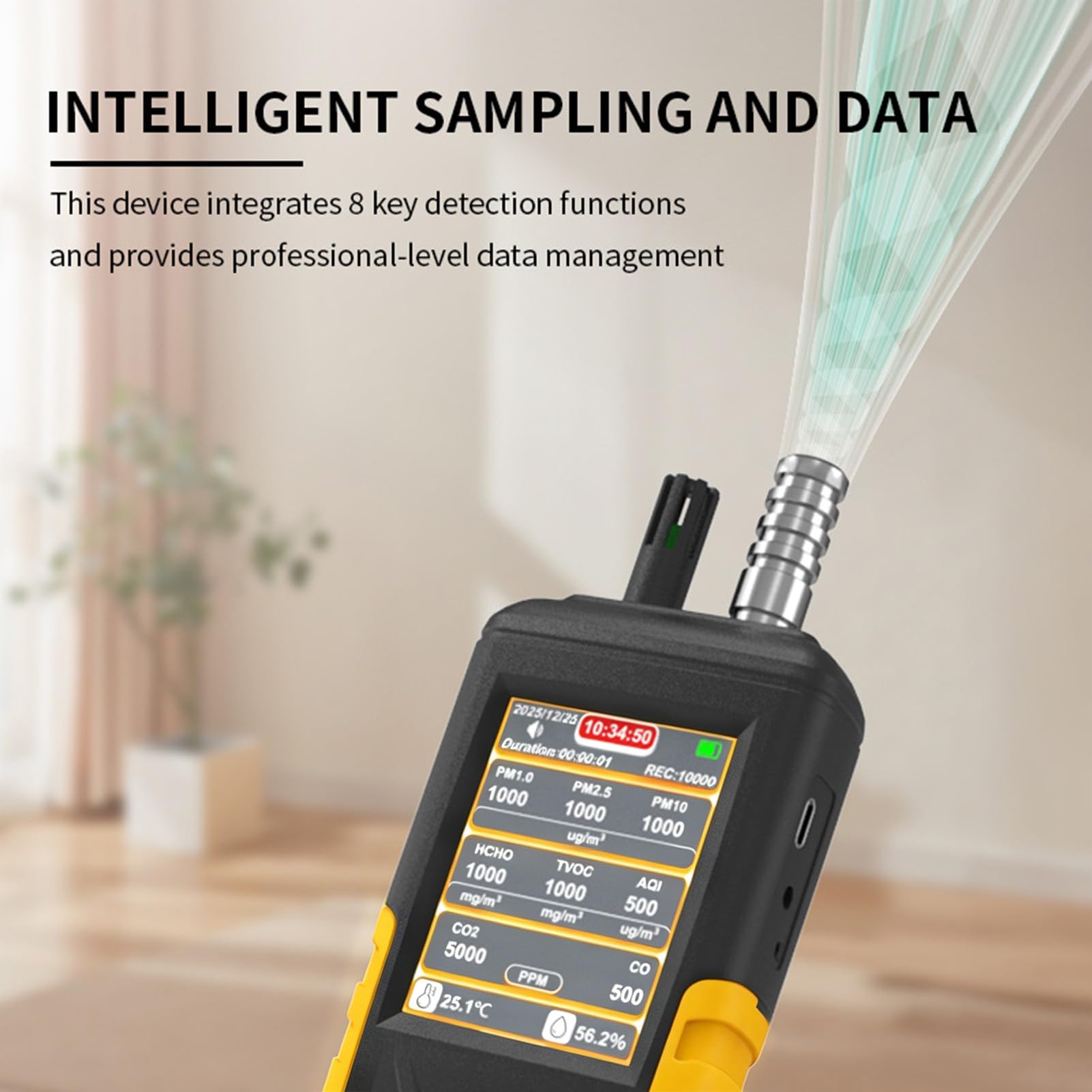 Luftqualitätsmonitor, Tester, Staubpartikelzähler, CO2, VOC, Formaldehyd, Luftqualitätsmessgerät, PM1,0, PM2,5, PM10, Temperatur, Luftfeuchtigkeit, 2200 MAh, Batterie für