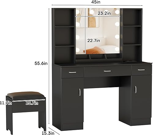 Miniatura 2 de Vabches Escritorio de tocador con luces y espejo, mesa de tocador de maquillaje con estación de carga, juego de tocador grande de 45 pulgadas con