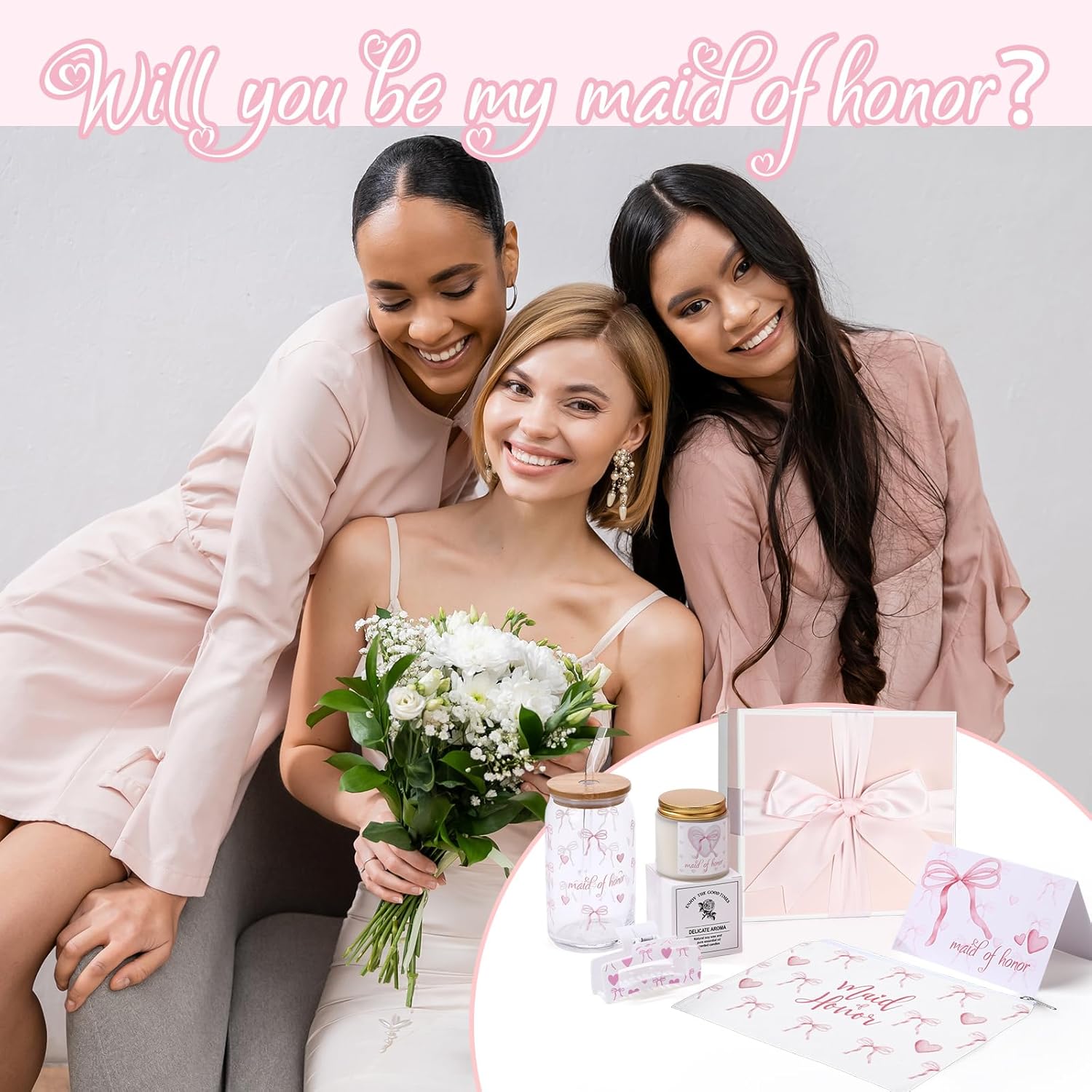 Meanplan 6 Pcs Maid of Honor Proposal Gift Coquette Pink Bow Will You Be My Maid of Honor Gift 17oz Pink Bow Glass Cup Makeup Bag Candle Hair Clip Card Box for Wedding Bachelorette Party Bridal Shower