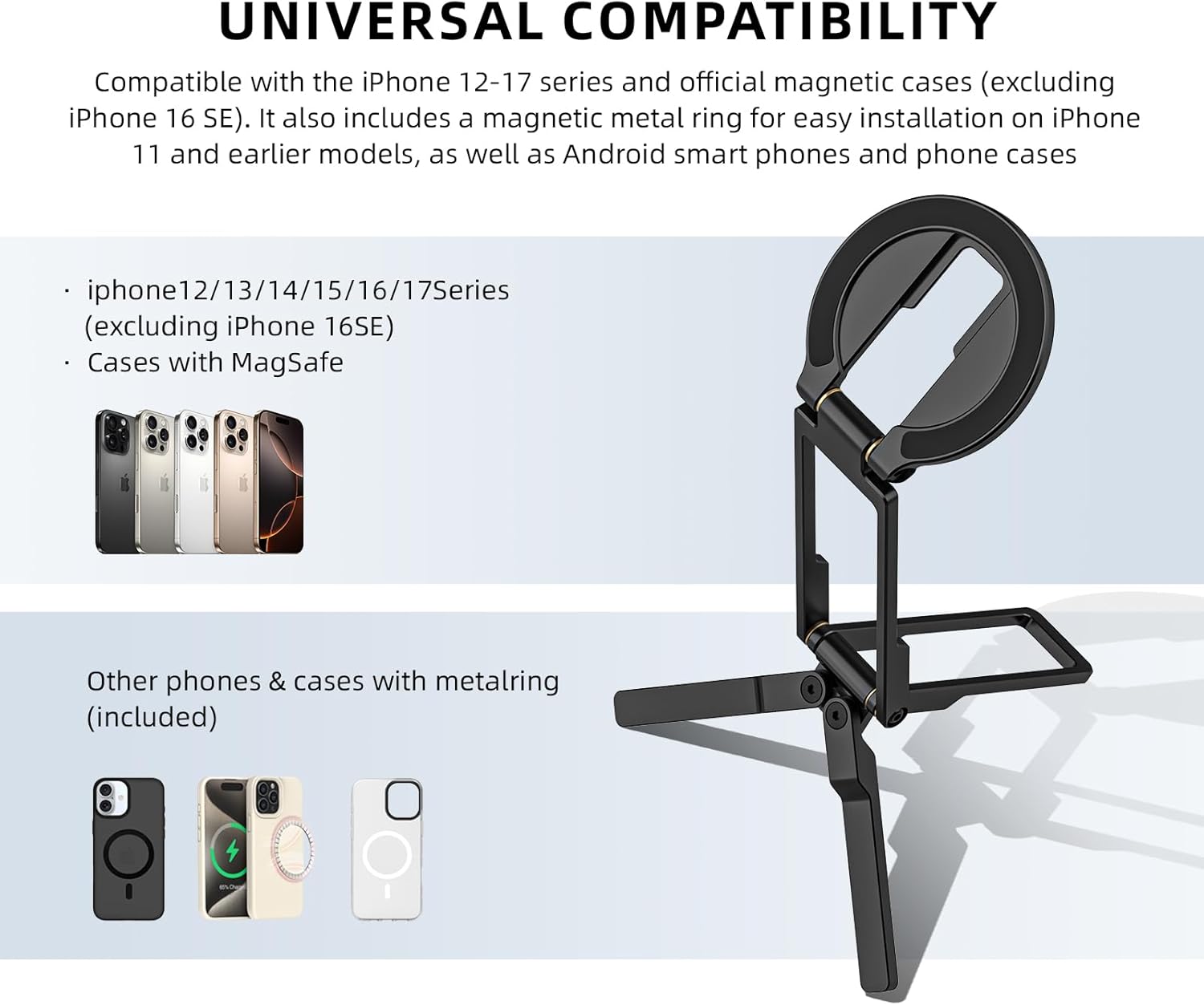 Ultra-Thin Aluminum Magnetic Phone Tripod Holder Mount Stand, MG-06 Air Mini Pocket Cell Phone Stand, Compatible with MagSafe for iPhone 17 16 15 14 13 12, Black